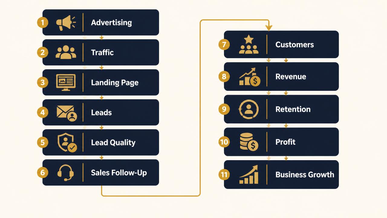 Performance marketing framework showing the journey from advertising and traffic to customers, revenue and business growth