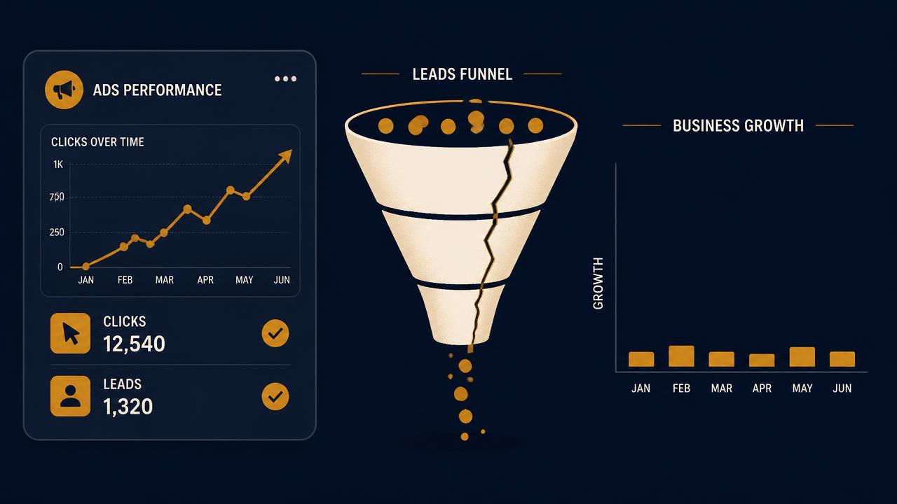 Illustration showing advertising campaigns generating leads while business revenue and growth remain low