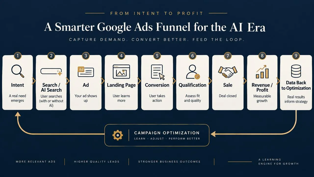 AI-ready Google Ads framework connecting intent, AI Search, ads, landing pages, qualification, sales and revenue in a feedback loop