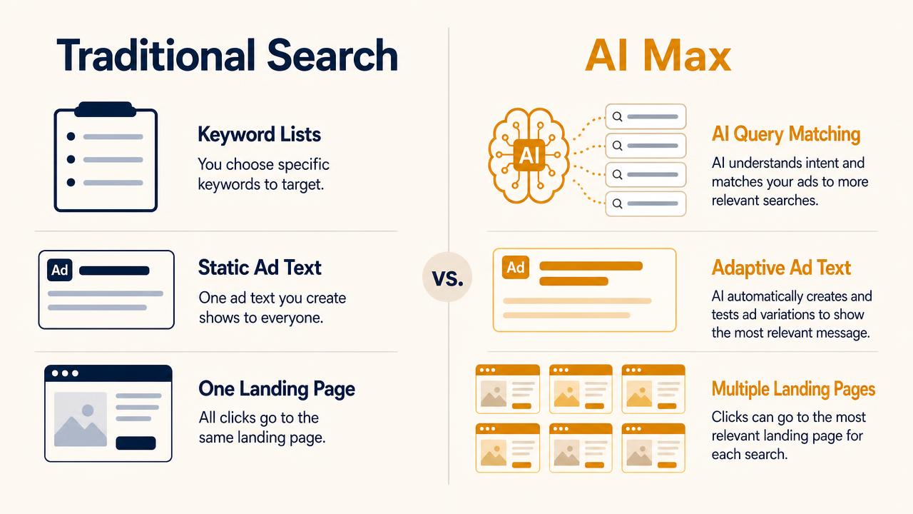 Side-by-side comparison graphic of traditional Search keyword lists, static ad text and one landing page against AI Max query matching, adaptive ad text and multiple landing pages