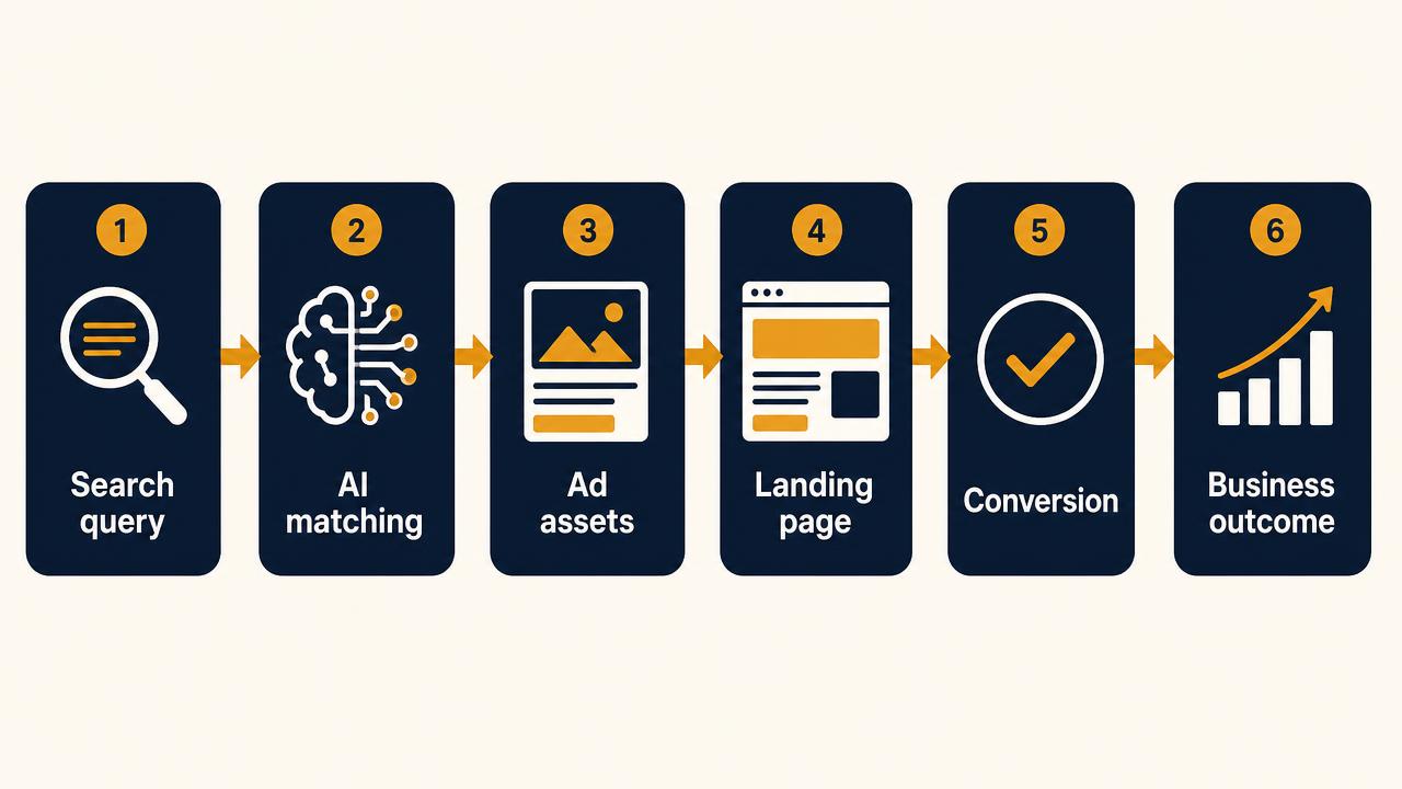 Six-step AI Max workflow diagram: search query, AI matching, ad assets, landing page, conversion, business outcome