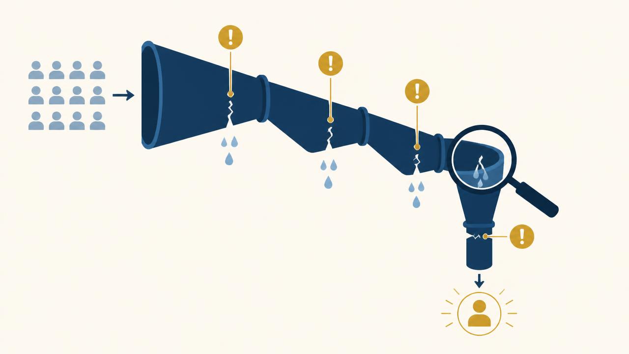 Diagnostic diagram showing where a paid advertising funnel leaks budget between stages