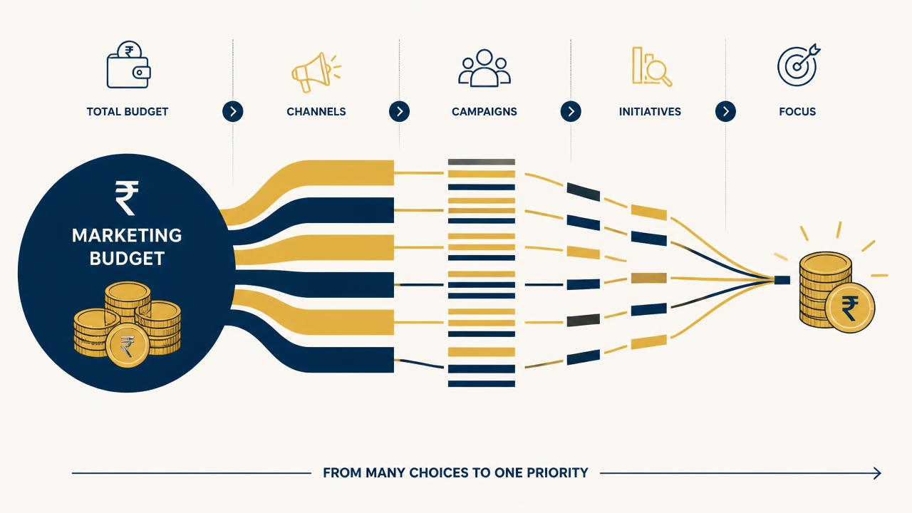 Illustration of a monthly advertising budget flowing through campaign stages into revenue