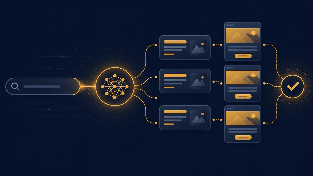Google Ads AI Max concept diagram showing a search query flowing through an AI matching layer into ads, landing pages and a conversion