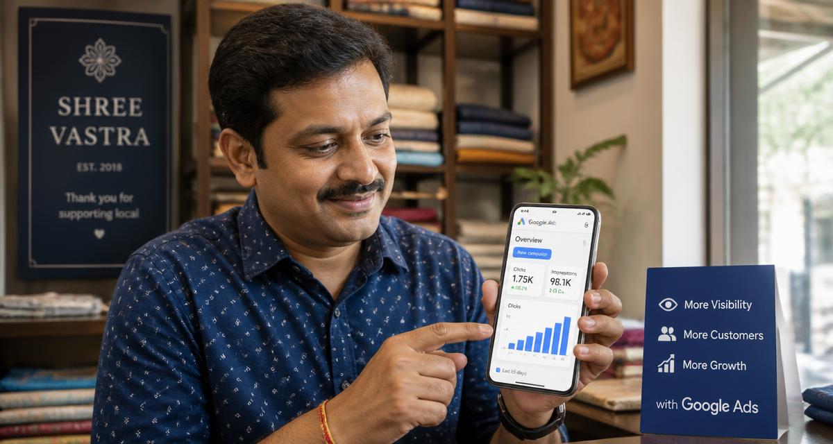 Google Ads for local businesses in India — shop owner reviewing a Google Ads dashboard on a phone