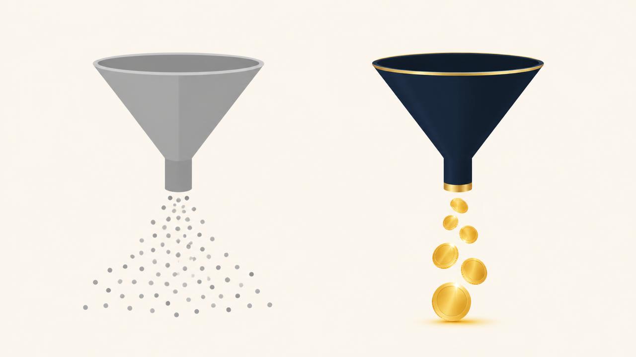 Comparison of a lead-volume funnel producing scattered leads and a profitable funnel producing fewer high-value customers