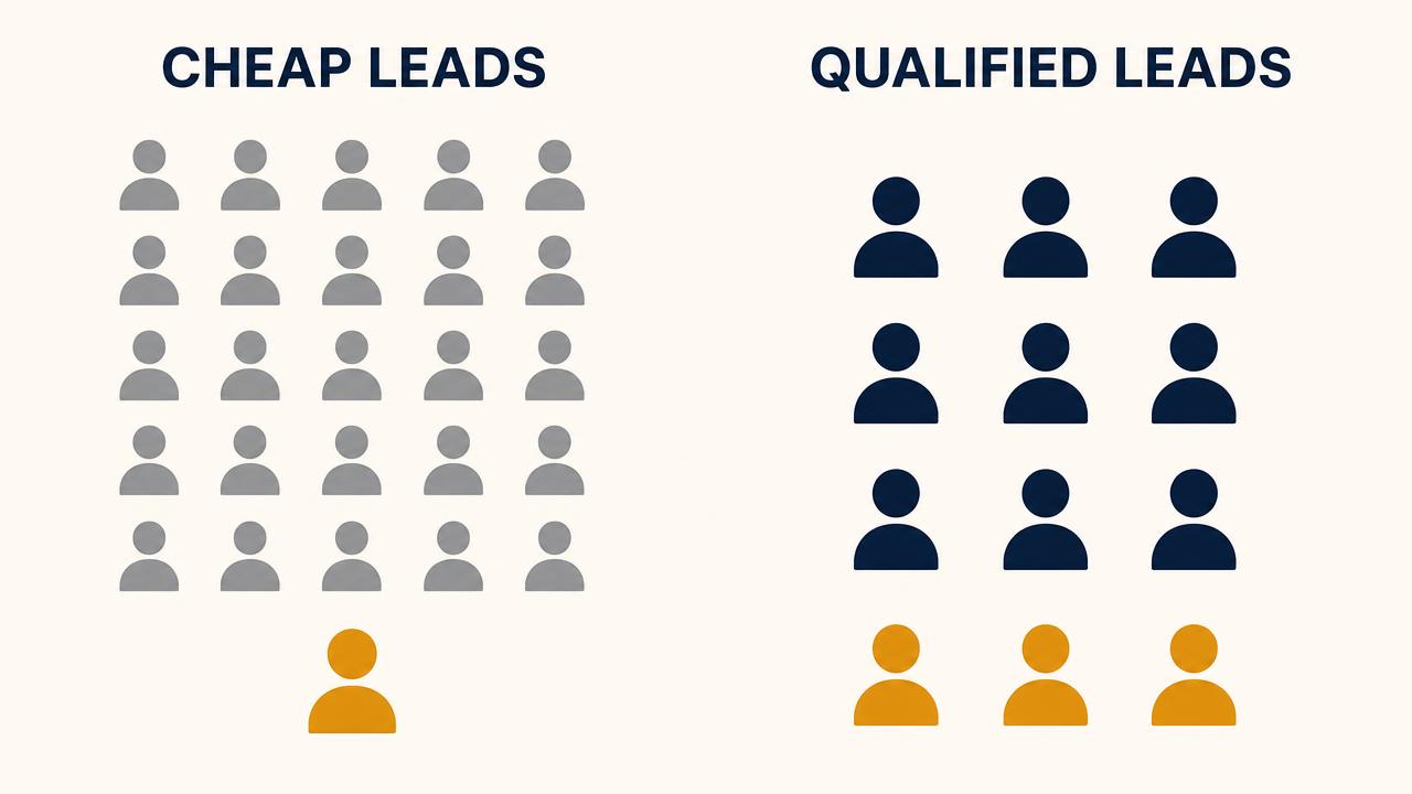 Comparison graphic showing many cheap Meta Ads leads producing one customer versus fewer qualified leads producing three customers