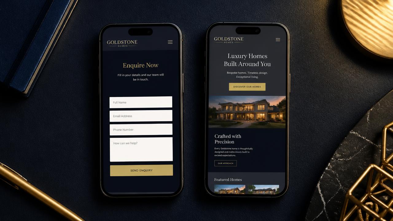 Two phones side by side comparing a short in-app enquiry form with a detailed website landing page