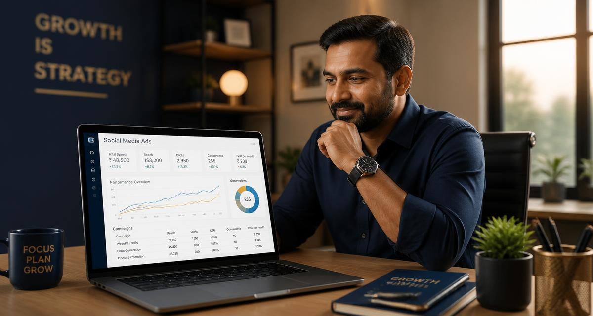 Indian business owner reviewing a social media advertising performance dashboard showing lead generation results