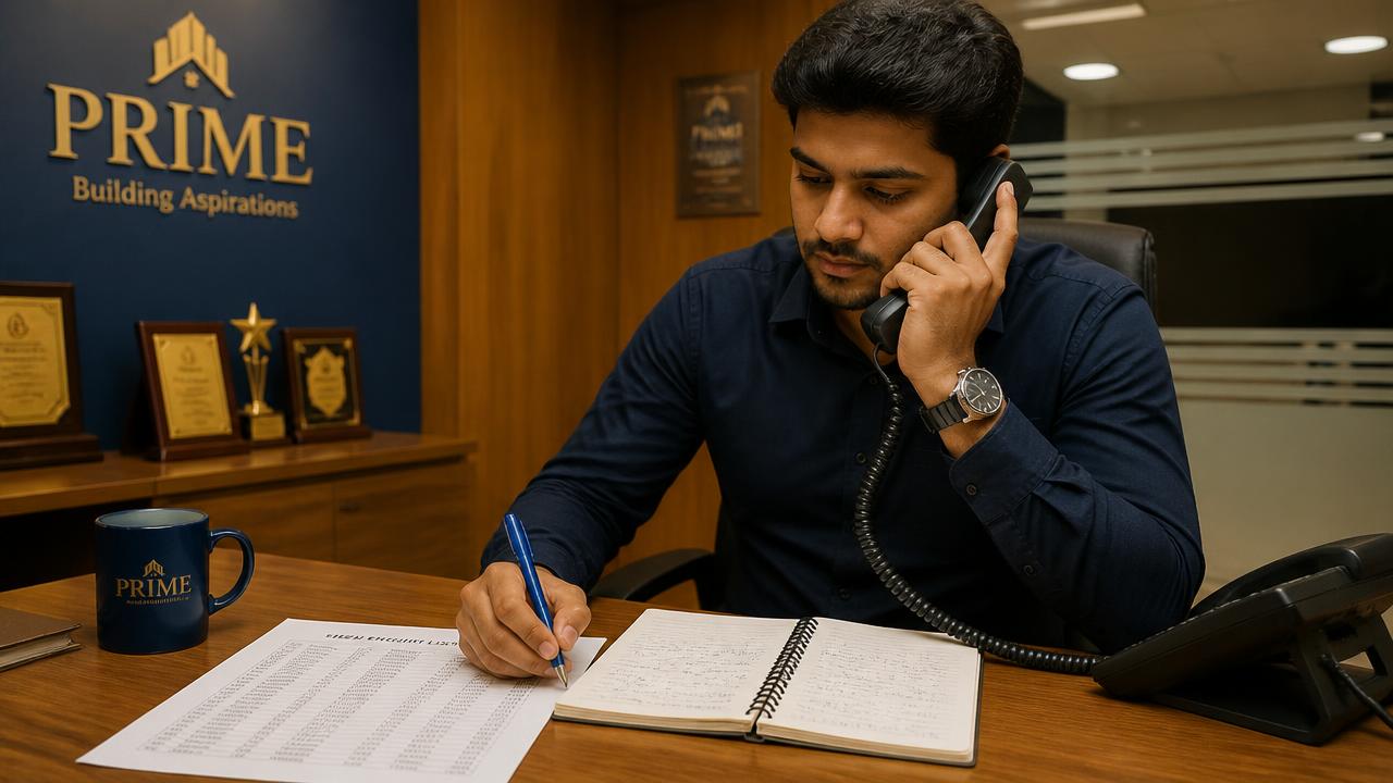 Sales executive at an Indian office calling enquiries and marking qualification notes beside a printed lead list