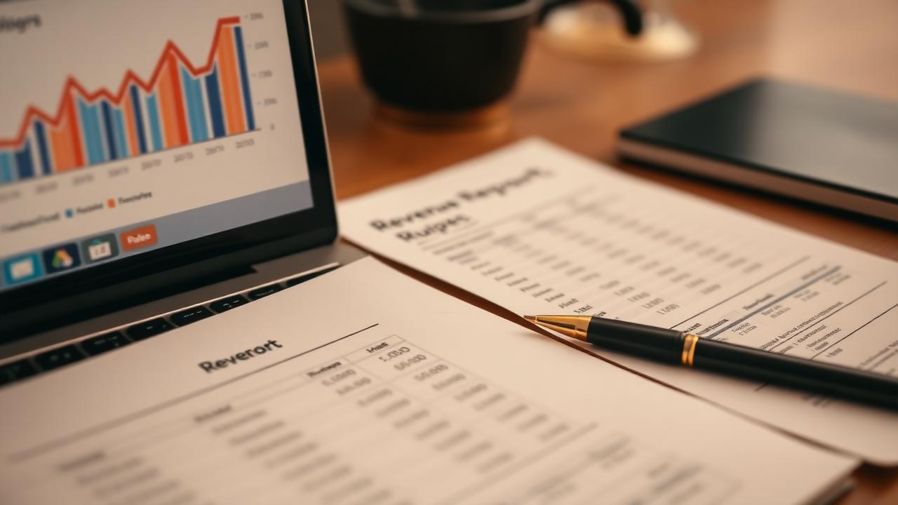Google Ads performance chart on a laptop next to a printed revenue report showing closed deal values in rupees