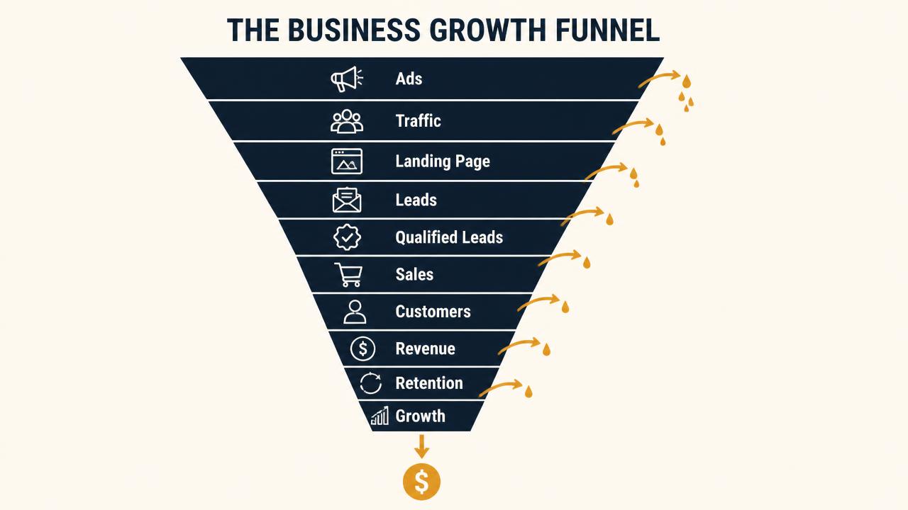 Business growth funnel showing where advertising, leads, sales and customer retention can break