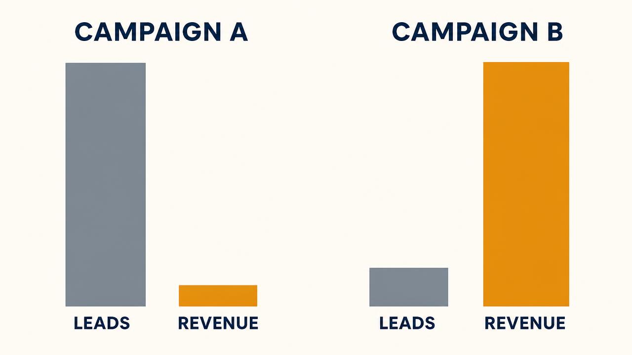 Comparison of lead cost, lead quality, customers and revenue between two advertising campaigns