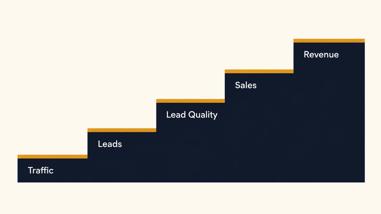 Five ascending measurement levels from traffic to leads, lead quality, sales and revenue