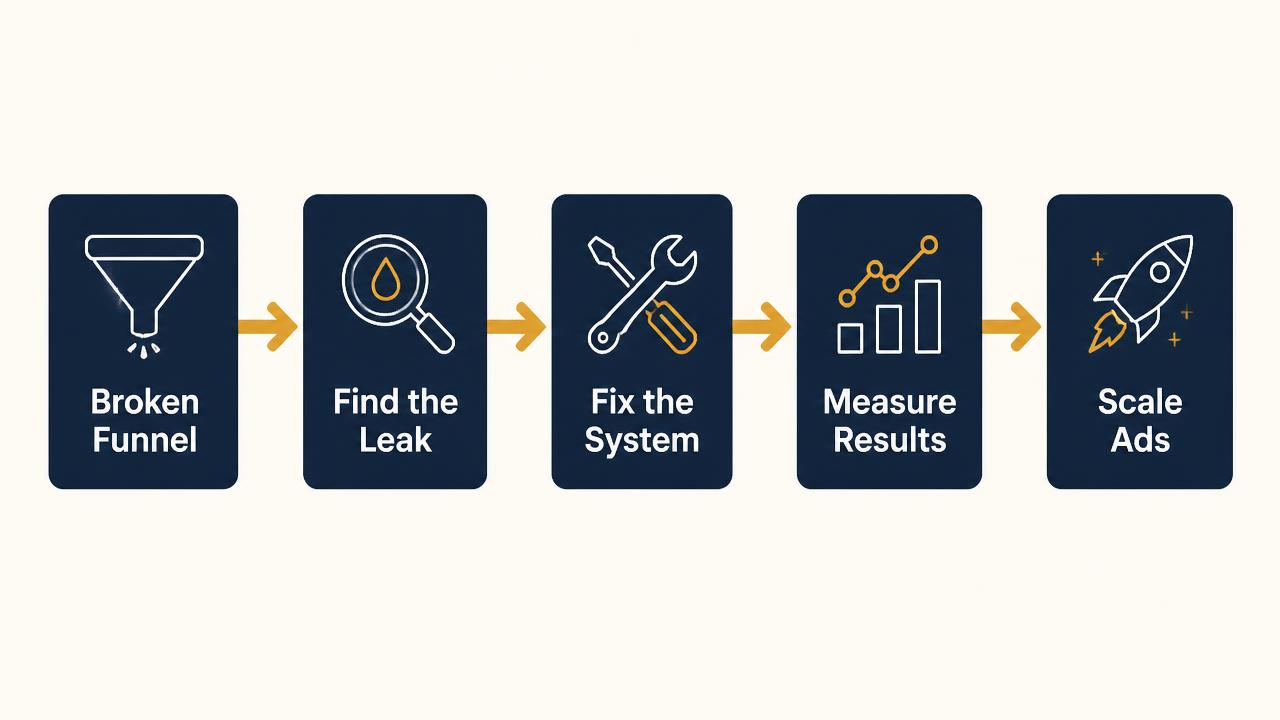 Framework showing why businesses should fix marketing and sales problems before increasing advertising spend