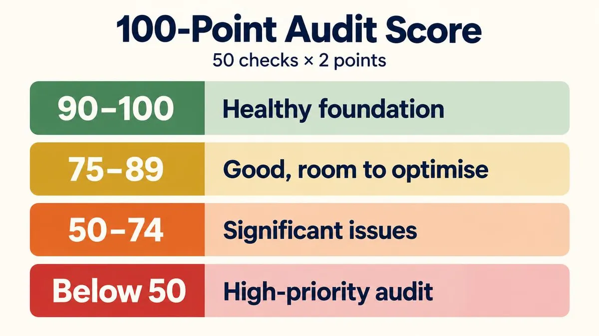 Google Ads audit score bands: 90 to 100 healthy foundation, 75 to 89 room to optimise, 50 to 74 significant issues, below 50 high-priority audit