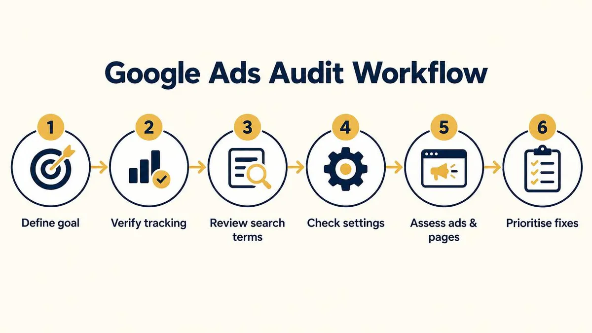 Six-step Google Ads audit workflow: define goal, verify tracking, review search terms, check settings, assess ads and pages, prioritise fixes