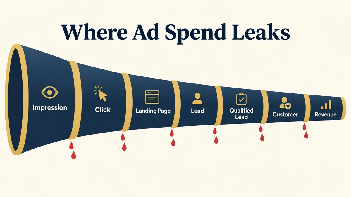 Funnel diagram showing where ad spend leaks between impression, click, landing page, lead, qualified lead, customer and revenue