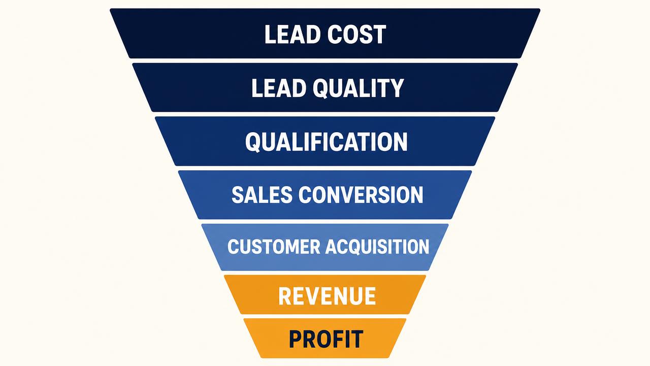 Lead-to-Revenue Framework showing the journey from ad spend to profitable customer acquisition