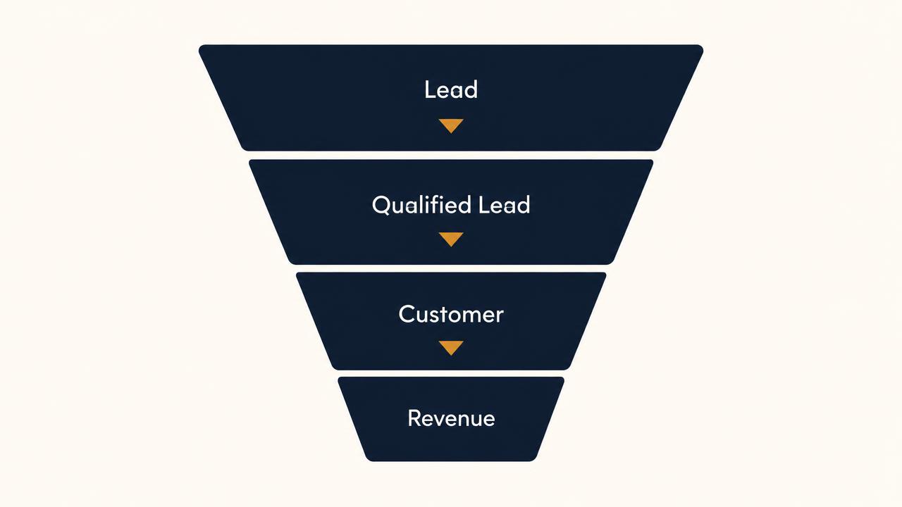 Funnel narrowing from lead to qualified lead to customer to revenue