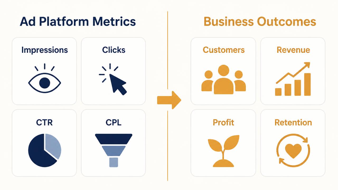 Comparison between advertising metrics such as clicks and leads and business metrics such as revenue and profit